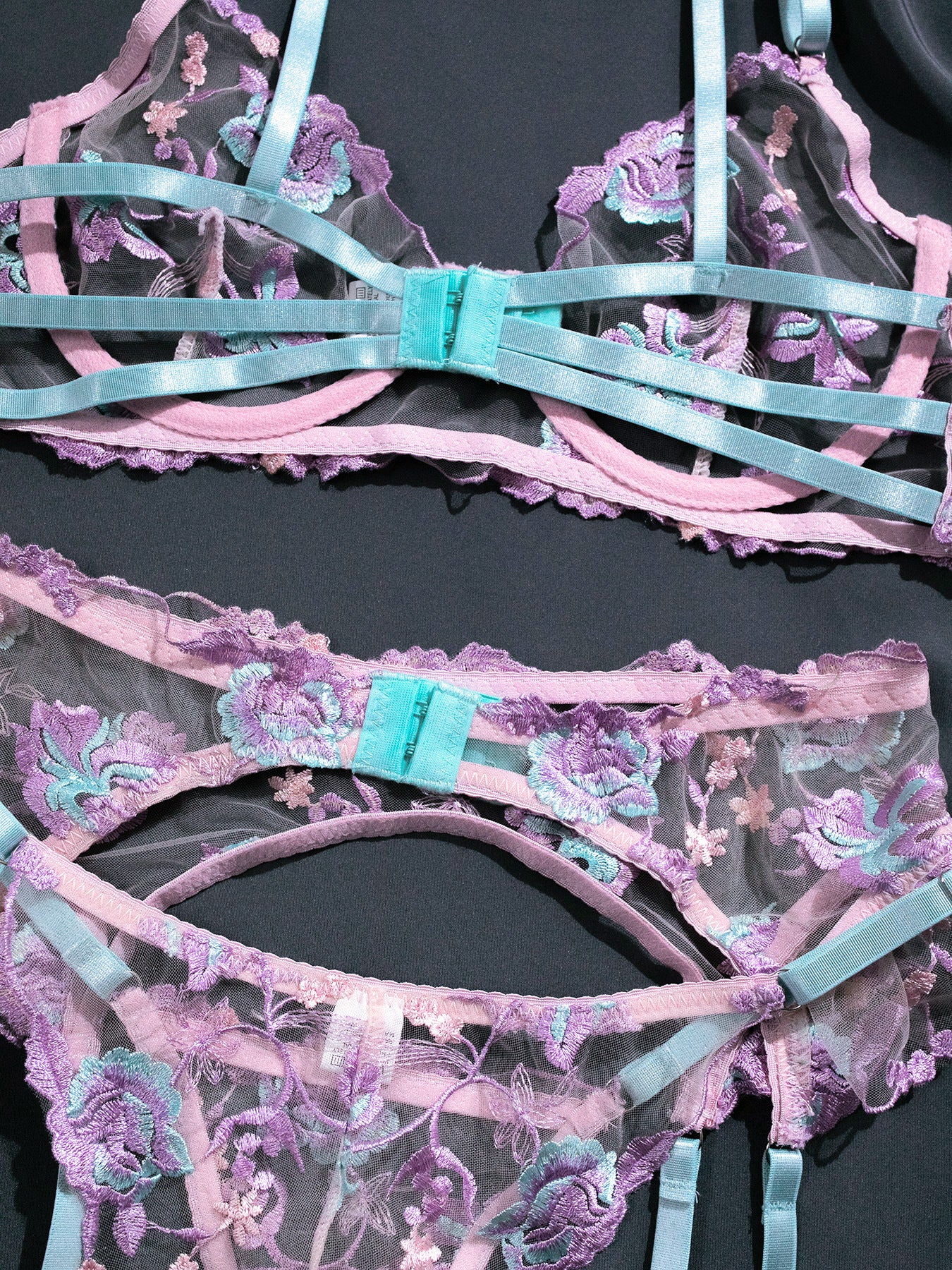 Embroidery Contrast Color Stitching See-through Steel Ring Push-up Underwear Set