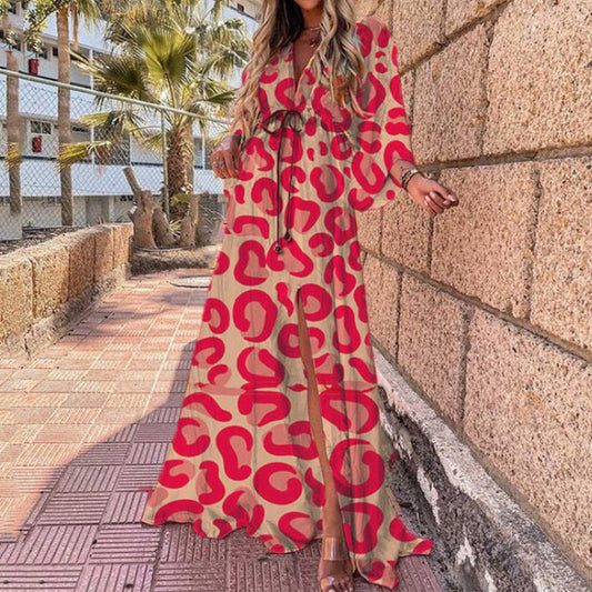 Sexy V-neck split irregular beach long skirt dress with khaki leopard print design, ideal for a fashionable summer look.