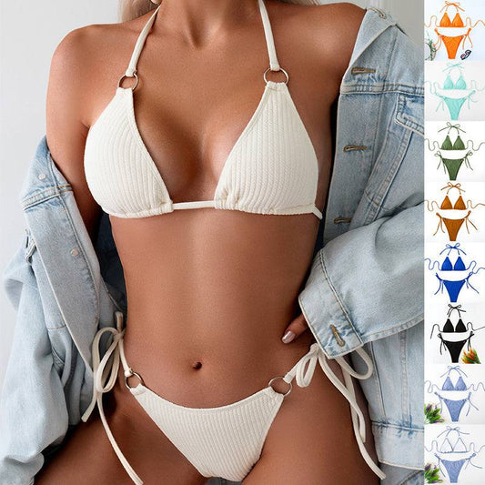 Summer biSummer Bikinikini set with side-tie thong and bandage style, showcasing a solid color design in polyester and spandex. Summer Bikini
