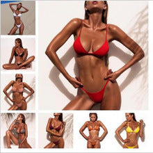 Women's split pure-color bikini collection featuring European and American styles available in various colors and sizes.