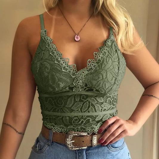 See-through lace spaghetti-strap vest in green, cross-border trade women's outerwear.