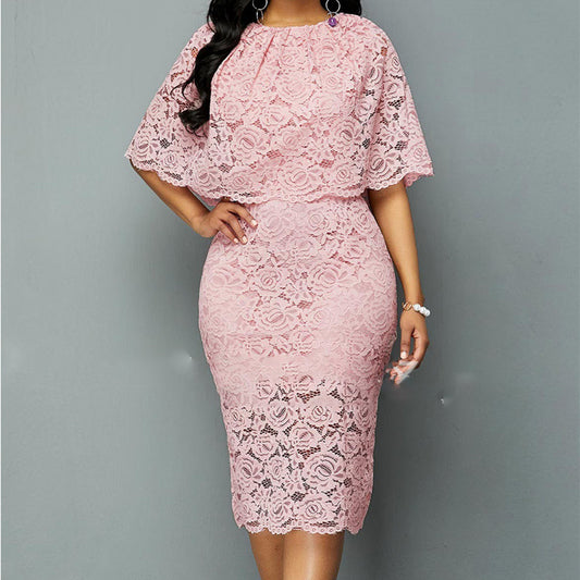 Pink floral lace African maxi dress with hollow design, round neck, mid sleeves, high waist, in plus sizes 4XL and 5XL.