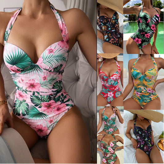 Printed conservative halter one-piece swimsuit in various colors and patterns.