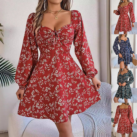 Fashion floral print lantern sleeve dress with tie square neck and A-line silhouette in various colors.