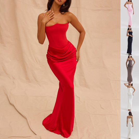 Slim tube top long dress, sexy fashion bandeau, backless party evening gown for women.