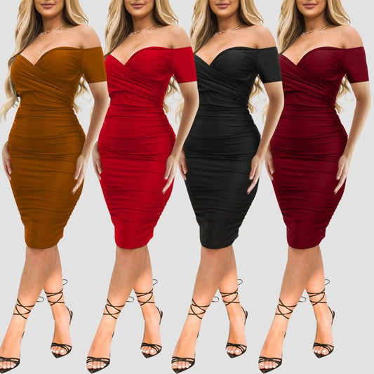 Women's club off-shoulder midi dress in various colors, short sleeve, ruched bodycon style.