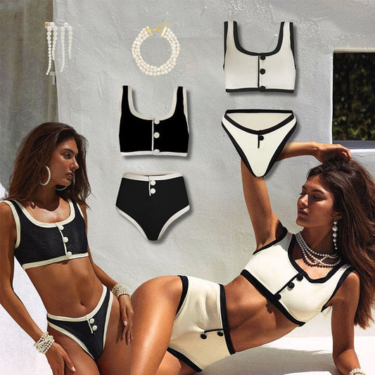 Sexy black and white high waist split bikini swimsuit with European and American style.